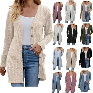 2024 Fall Cardigan Sweaters for Women Fashion Open Front Cardigan Coat Casual Solid Knit Outerwear with Pockets