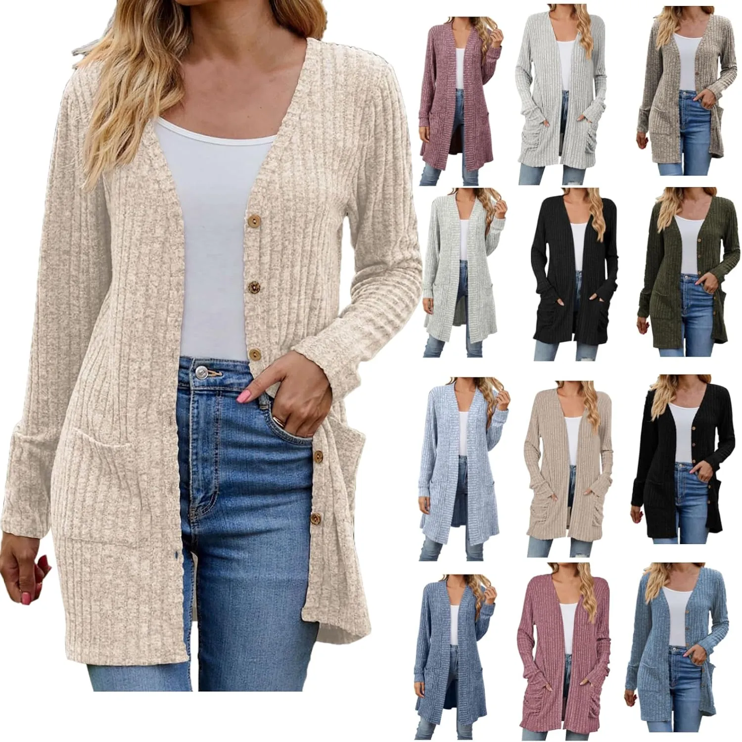 2024 Fall Cardigan Sweaters for Women Fashion Open Front Cardigan Coat Casual Solid Knit Outerwear with Pockets