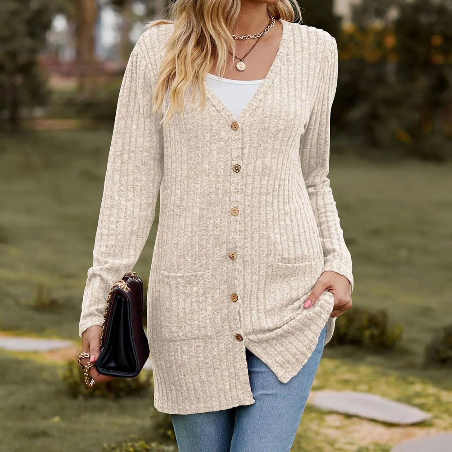 2024 Fall Cardigan Sweaters for Women Fashion Open Front Cardigan Coat Casual Solid Knit Outerwear with Pockets