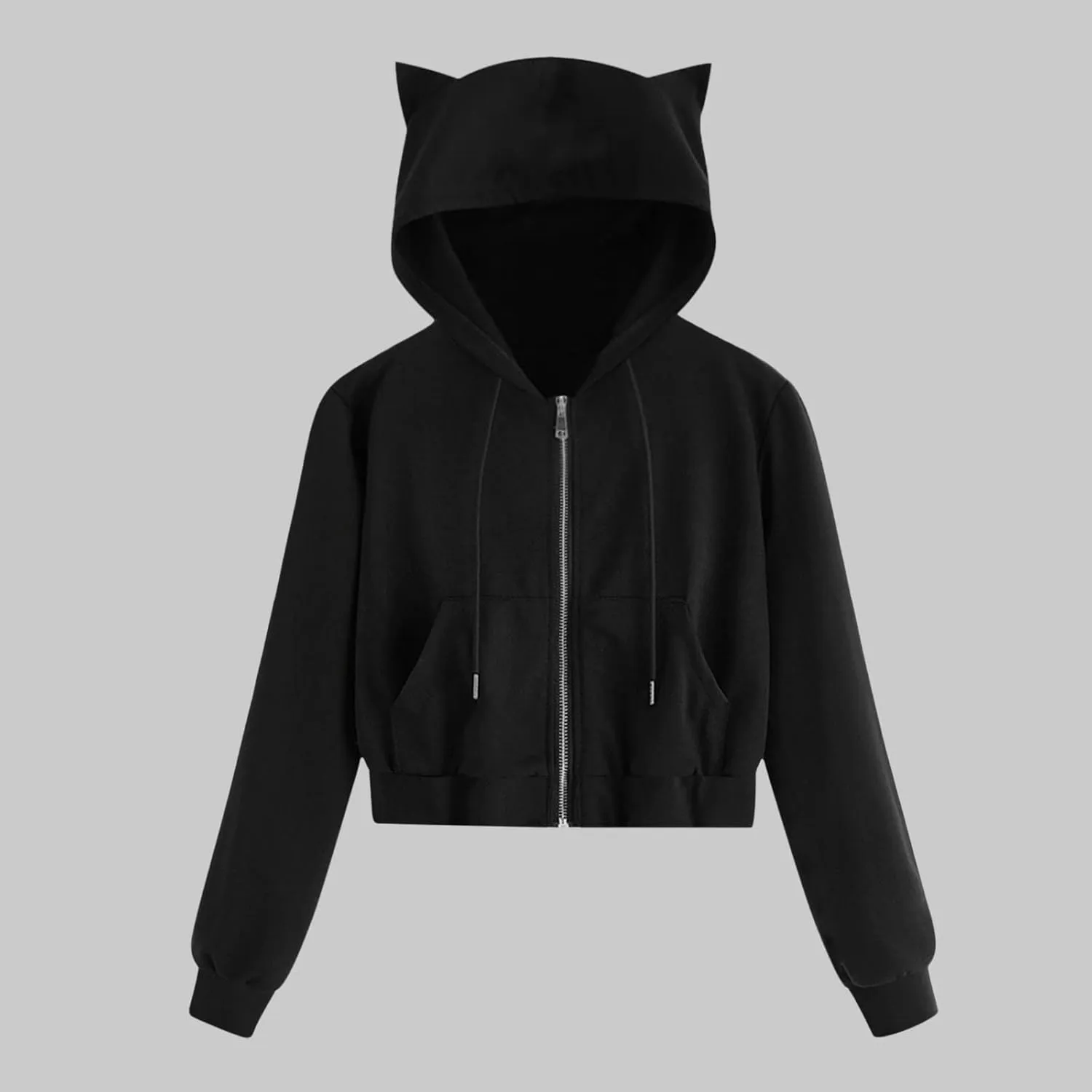 2024 Full Zip Solid Sweatshirts for Women Cute Cat Ears Long Sleeve Hoodies Casual Cropped Pullover Tops with Pockets