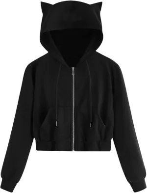 2024 Full Zip Solid Sweatshirts for Women Cute Cat Ears Long Sleeve Hoodies Casual Cropped Pullover Tops with Pockets