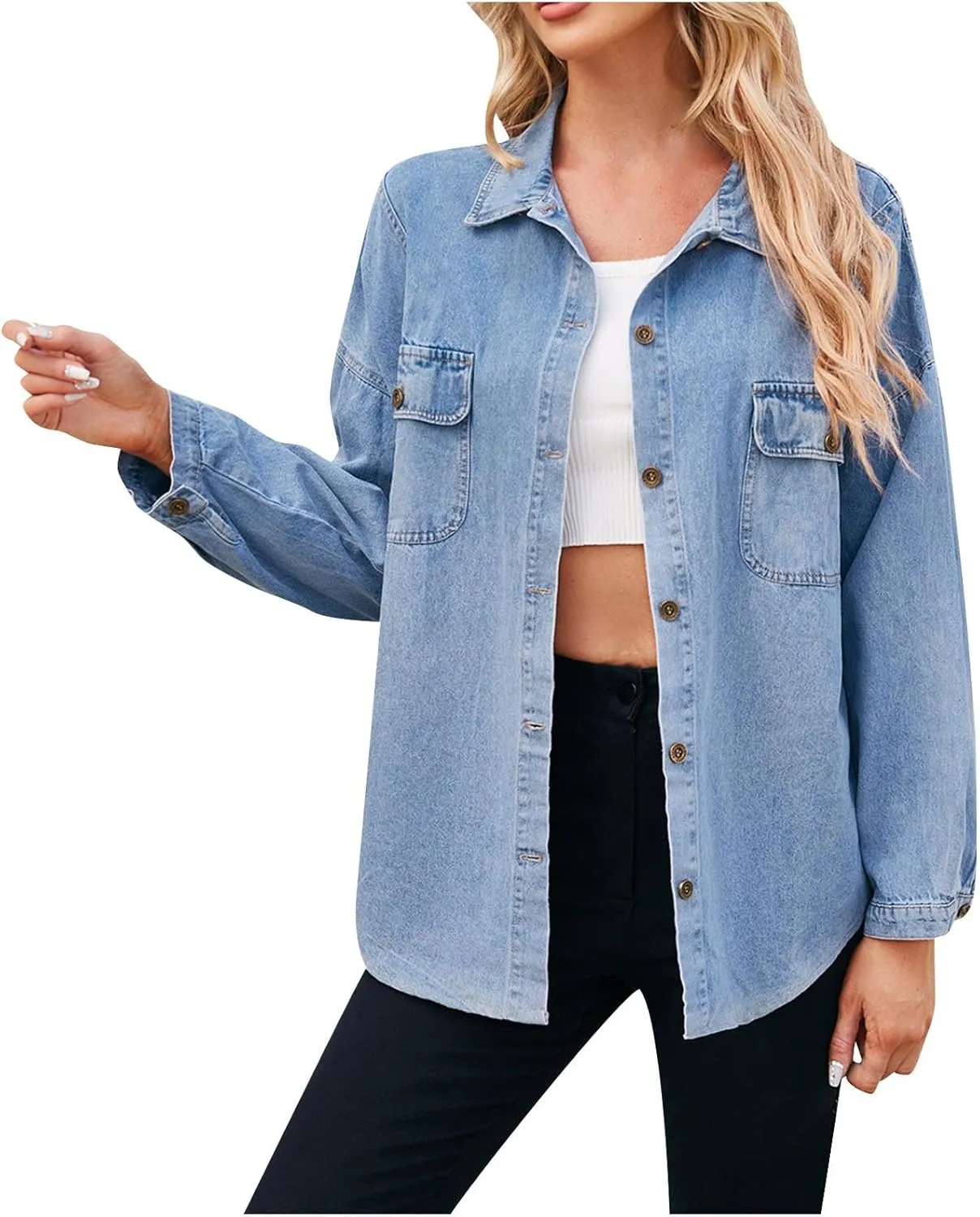 2024 Jean Jackets for Women Fashion Oversized Boyfriend Button Down Basic Denim Jacket Loose Fit Fall Shacket Jacket