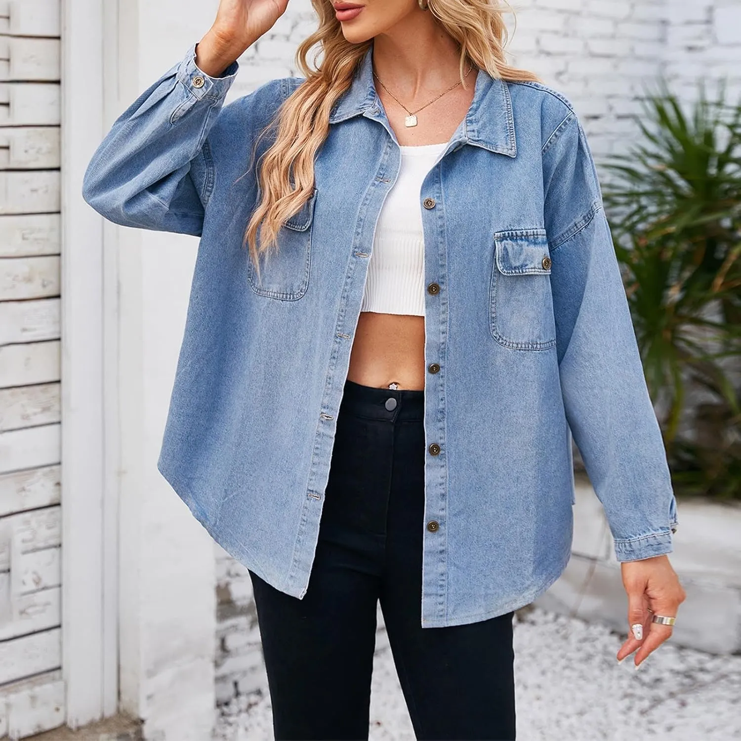 2024 Jean Jackets for Women Fashion Oversized Boyfriend Button Down Basic Denim Jacket Loose Fit Fall Shacket Jacket