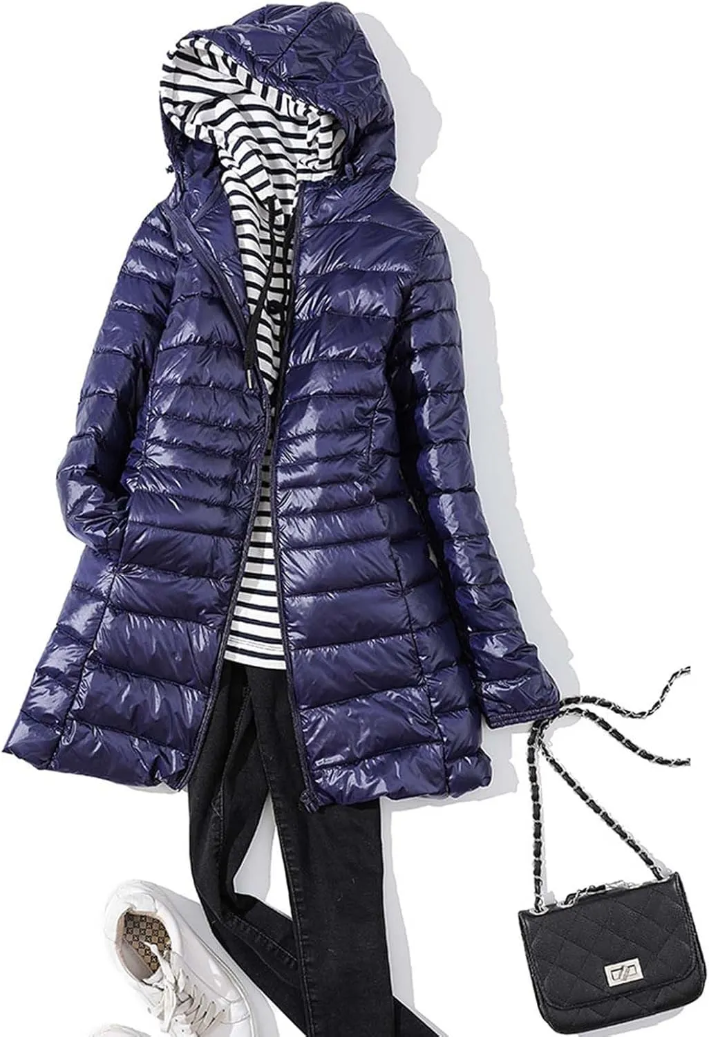 2024 Women's Packable Long Hooded Puffer Jackets Full-Zip Down Coats Insulated Quilted Warm Lightweight Winter Outwear