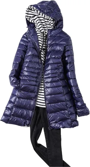 2024 Women's Packable Long Hooded Puffer Jackets Full-Zip Down Coats Insulated Quilted Warm Lightweight Winter Outwear