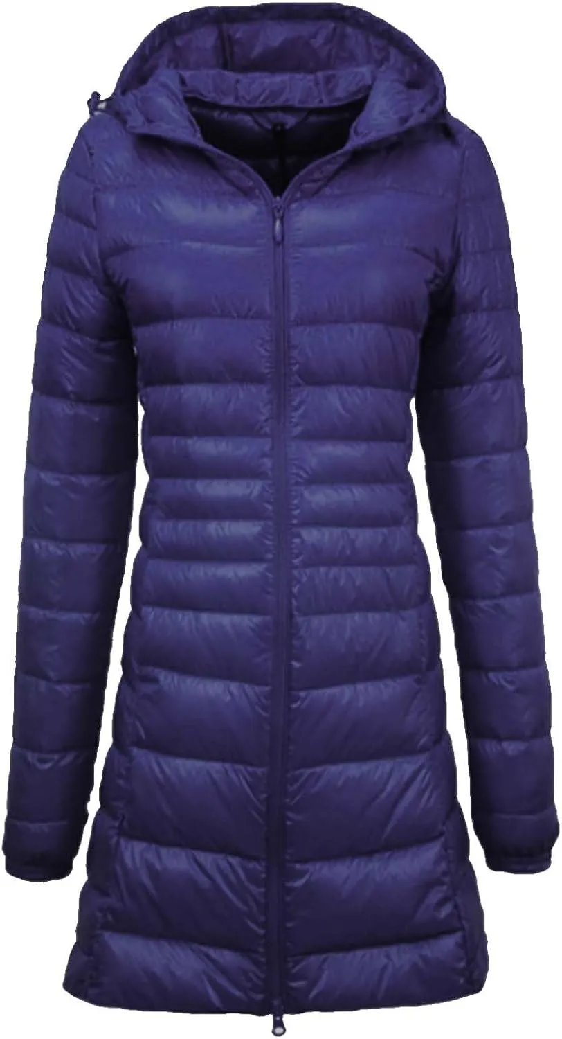 2024 Women's Packable Long Hooded Puffer Jackets Full-Zip Down Coats Insulated Quilted Warm Lightweight Winter Outwear
