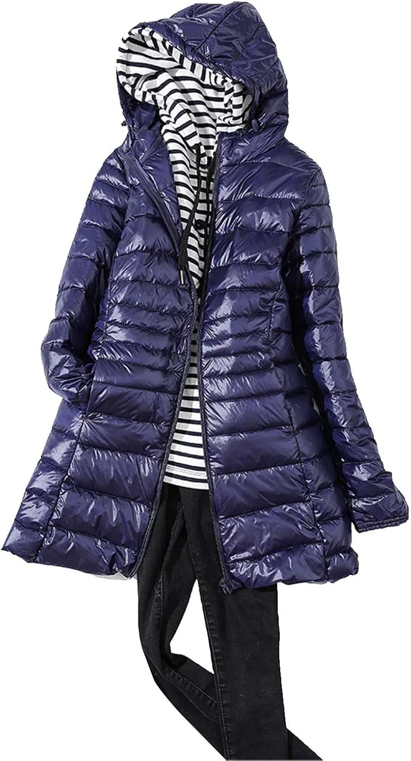 2024 Women's Packable Long Hooded Puffer Jackets Full-Zip Down Coats Insulated Quilted Warm Lightweight Winter Outwear