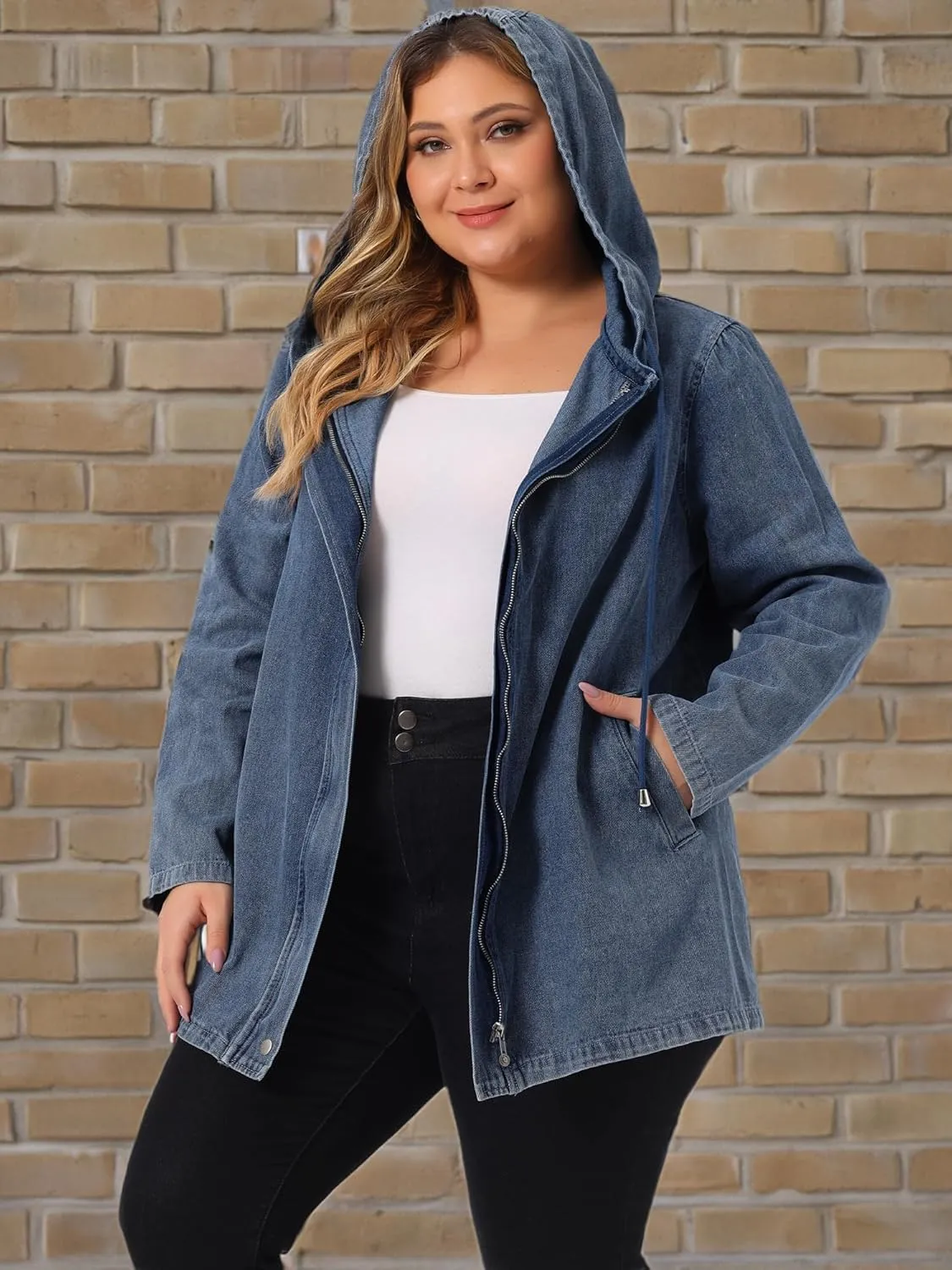 Agnes Orinda Plus Size Denim Jackets with Hood for Women Layered Drawstring Utility Pockets Jean Jacket