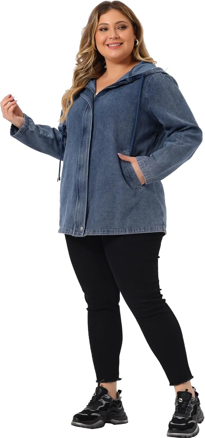 Agnes Orinda Plus Size Denim Jackets with Hood for Women Layered Drawstring Utility Pockets Jean Jacket