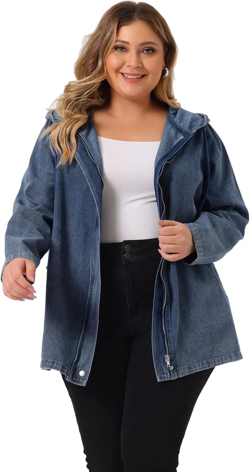 Agnes Orinda Plus Size Denim Jackets with Hood for Women Layered Drawstring Utility Pockets Jean Jacket