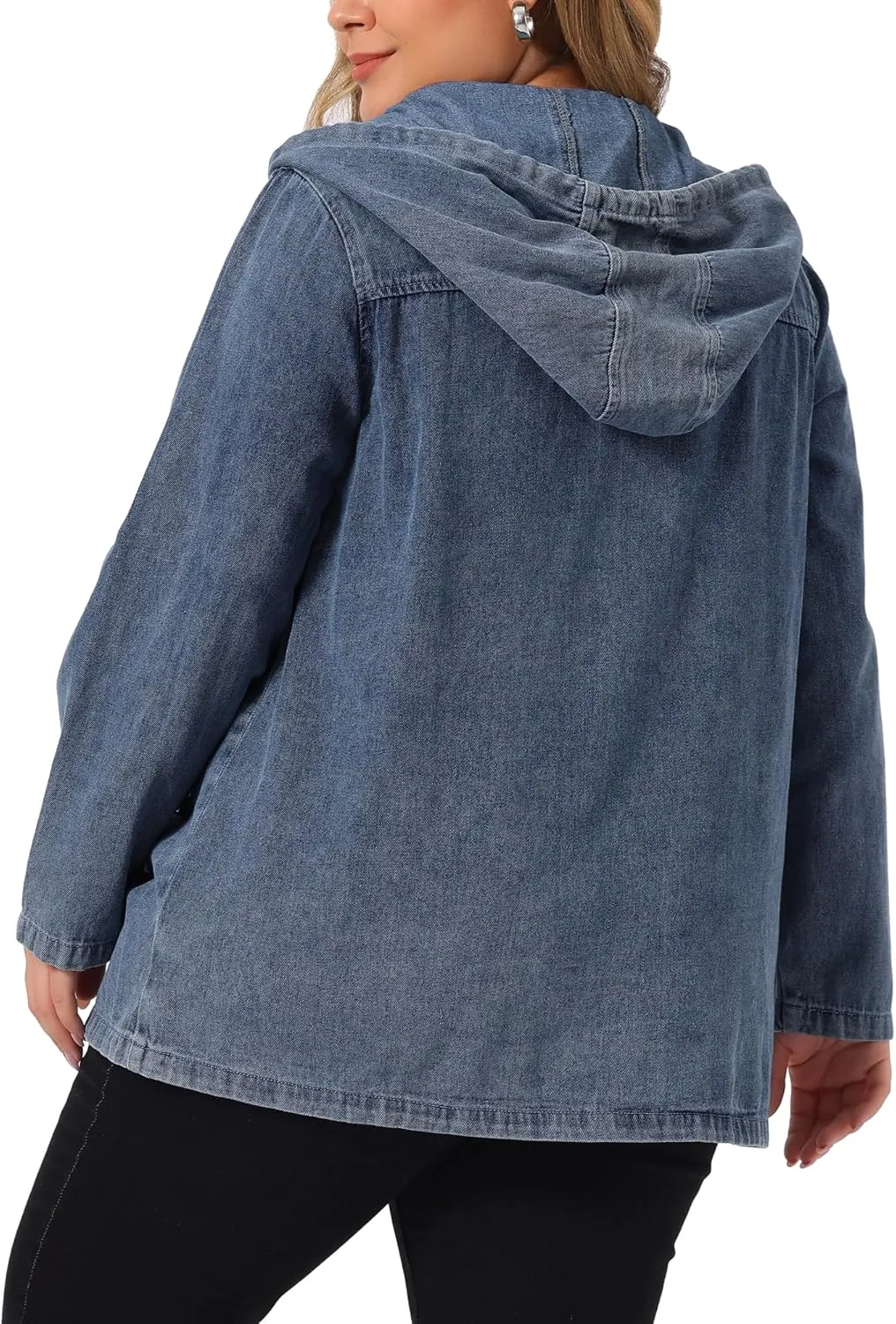 Agnes Orinda Plus Size Denim Jackets with Hood for Women Layered Drawstring Utility Pockets Jean Jacket