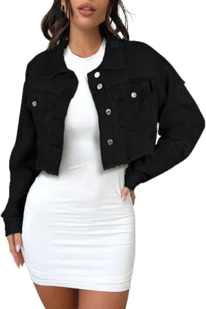 andy & natalie Women's Cropped Jean Jacket Fashion Frayed Hem Denim Jacket Long Sleeve Dressy Button Down Outfit Jackets