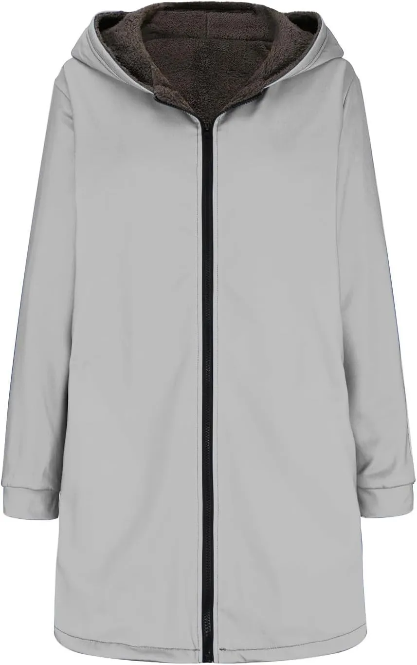 Anjikang Zip Up Fleece Jackets Women Winter Warm Sherpa Lined Hooded Coats Cozy Fuzzy Heavyweight Outwear Jacket with Pockets