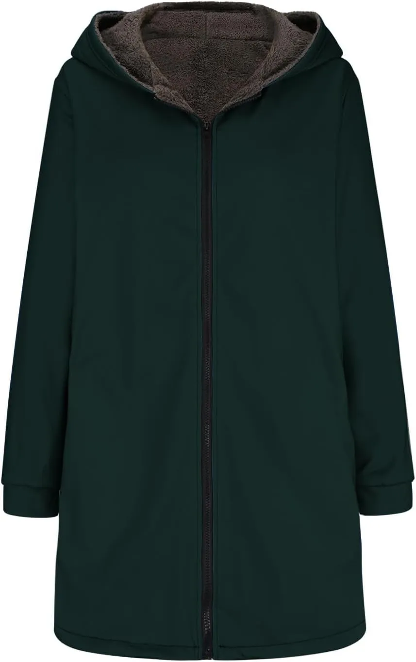 Anjikang Zip Up Fleece Jackets Women Winter Warm Sherpa Lined Hooded Coats Cozy Fuzzy Heavyweight Outwear Jacket with Pockets