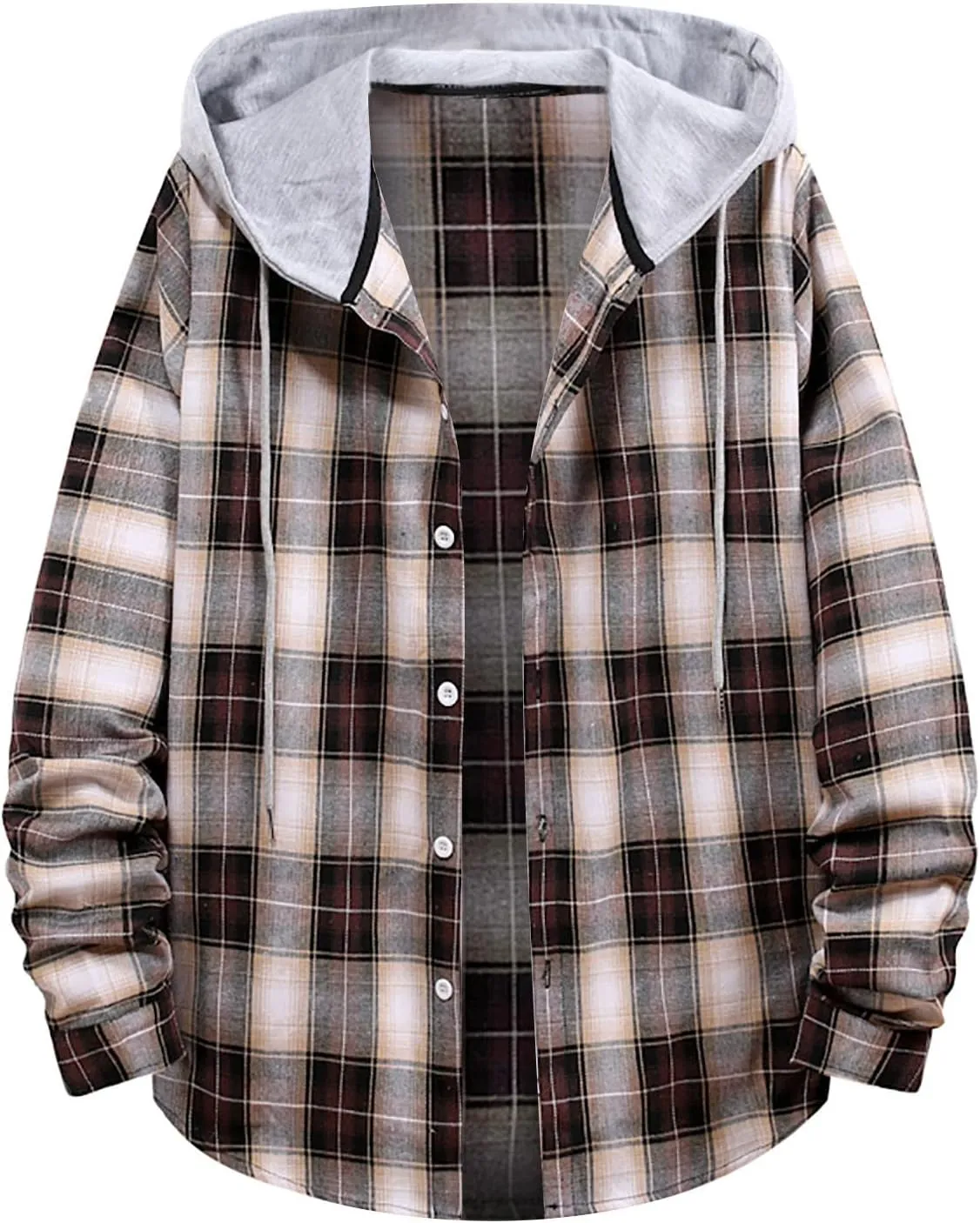 Aymnlox Hoodies for Men Fashion Long Sleeve Plaid Button Shirts Jacket With Hood Casual Stylish Drawstring Sweatshirts 2024