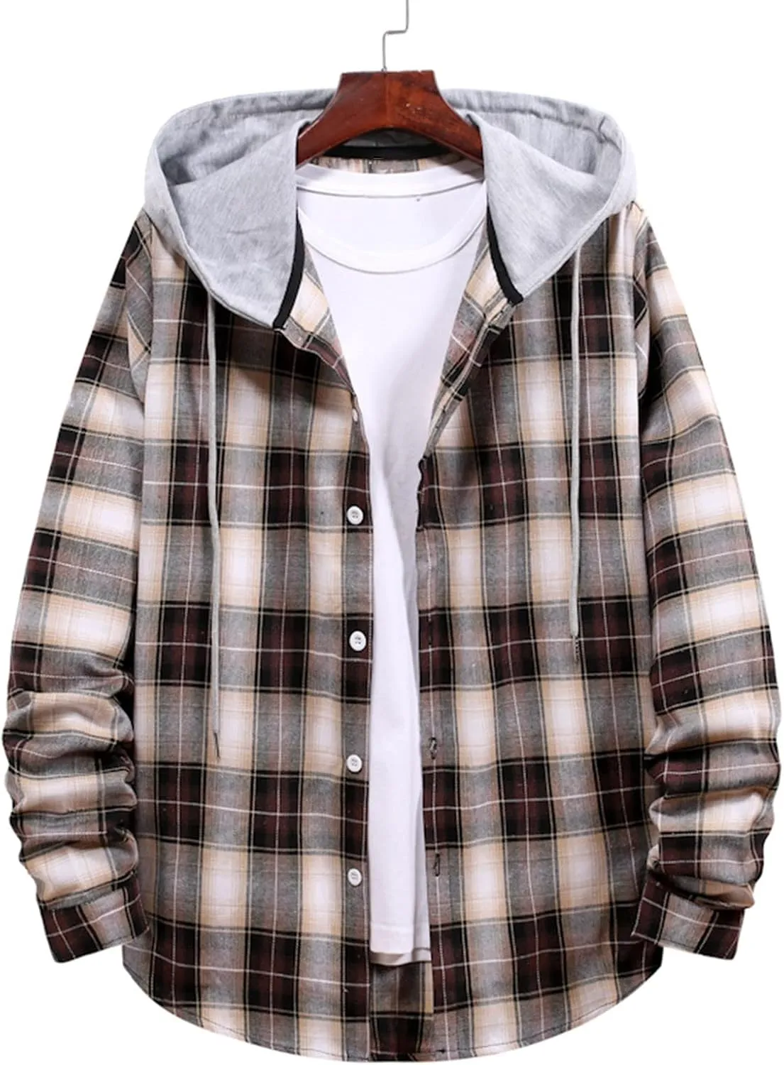 Aymnlox Hoodies for Men Fashion Long Sleeve Plaid Button Shirts Jacket With Hood Casual Stylish Drawstring Sweatshirts 2024