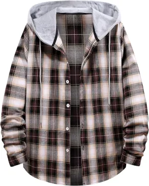 Aymnlox Hoodies for Men Fashion Long Sleeve Plaid Button Shirts Jacket With Hood Casual Stylish Drawstring Sweatshirts 2024