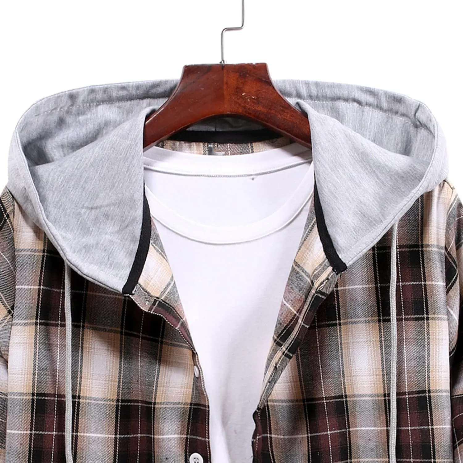 Aymnlox Hoodies for Men Fashion Long Sleeve Plaid Button Shirts Jacket With Hood Casual Stylish Drawstring Sweatshirts 2024