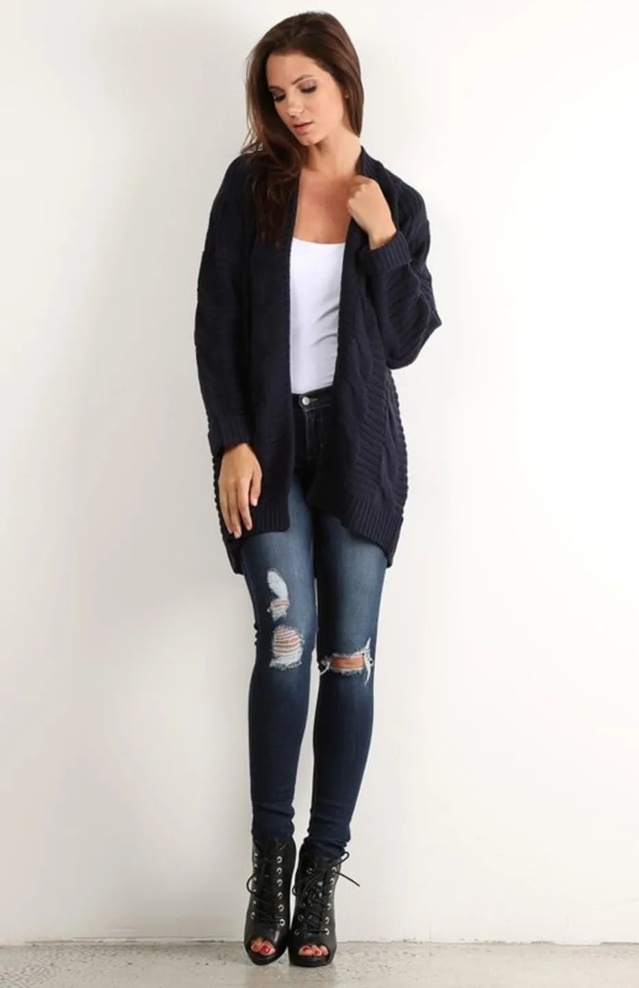 BodiLove Women's Chunky Cable Knit Open Front Oversize Sweater Cardigan