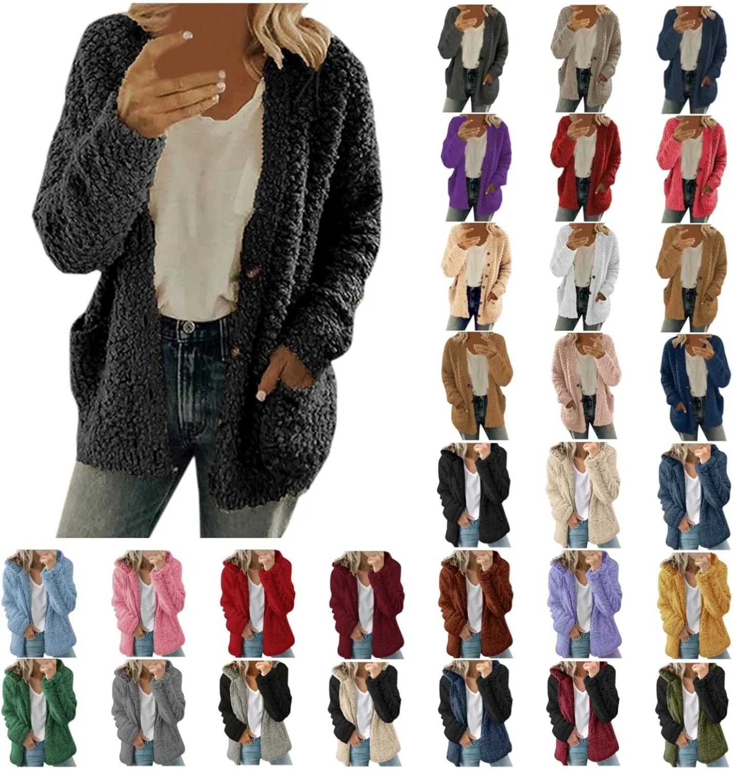 BOXIACEY Womens Winter Coats 2025 Fuzzy Cropped Cardigan Sweater Sherpa Fleece Lined Jacket Outerwear Coat with Pockets