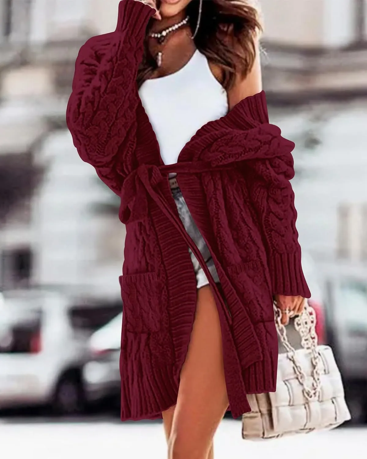 BTFBM Casual Cardigan for Women 2024 Fall Open Front Cable Knit Sweater Long Sleeve Chunky Knit Outerwear with Belt
