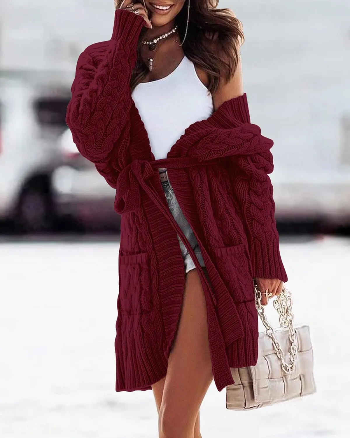 BTFBM Casual Cardigan for Women 2024 Fall Open Front Cable Knit Sweater Long Sleeve Chunky Knit Outerwear with Belt