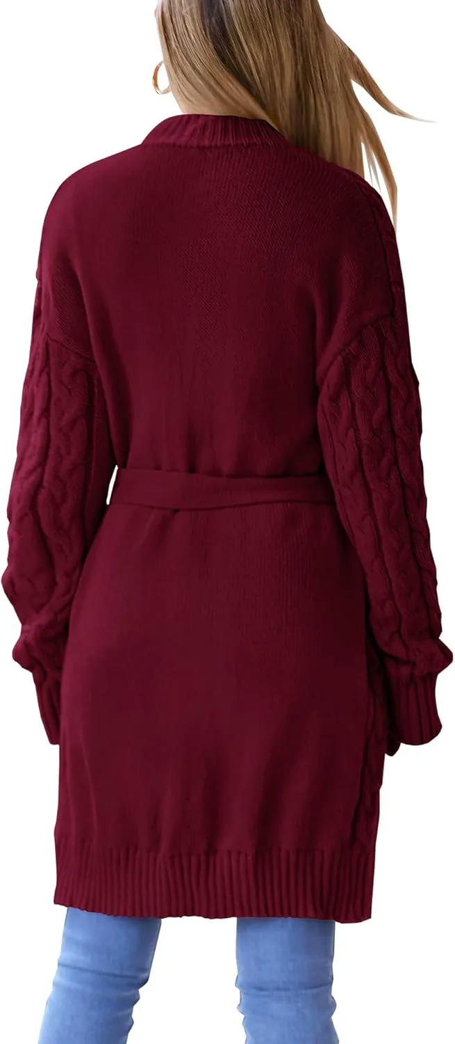 BTFBM Casual Cardigan for Women 2024 Fall Open Front Cable Knit Sweater Long Sleeve Chunky Knit Outerwear with Belt