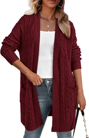 BTFBM Casual Cardigan for Women 2024 Fall Open Front Cable Knit Sweater Long Sleeve Chunky Knit Outerwear with Belt
