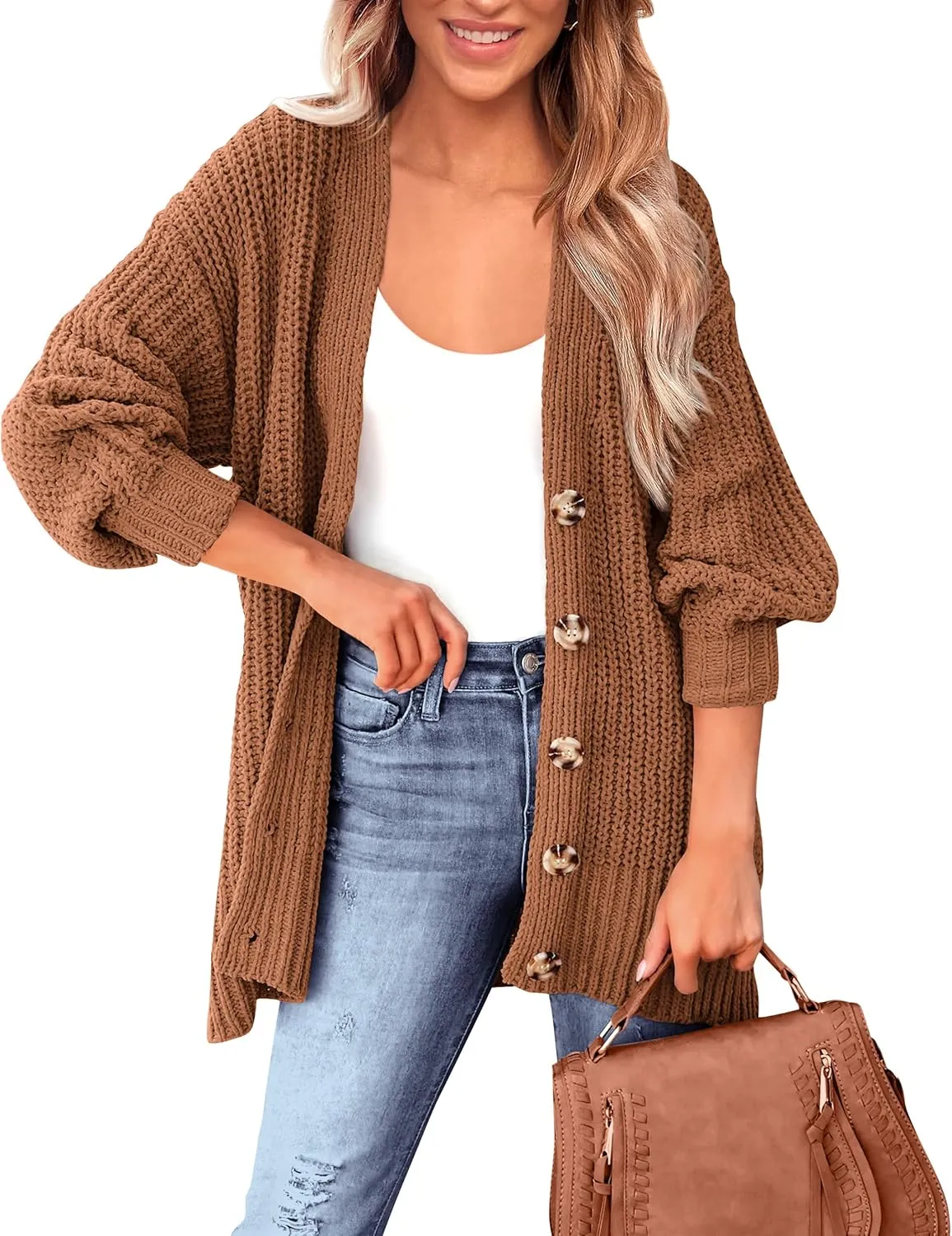 BTFBM Women's Button Down Cardigan Coat Long Sleeve Fall Winter Clothes Loose Chunky Knit Open Front Sweater Outerwear