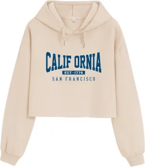 Bubeutou Womens California Letter Graphic Cropped Hoodie Vintage Aesthetic Crop Sweatshirts Preppy Fleece Cotton Pullover Top (Apricot,S,Small)