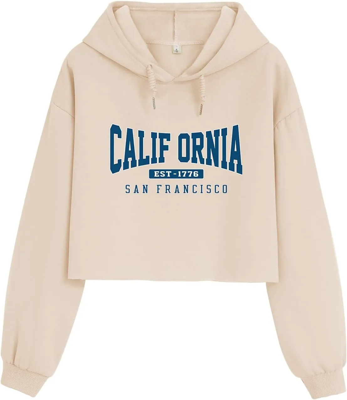 Bubeutou Womens California Letter Graphic Cropped Hoodie Vintage Aesthetic Crop Sweatshirts Preppy Fleece Cotton Pullover Top (Apricot,S,Small)