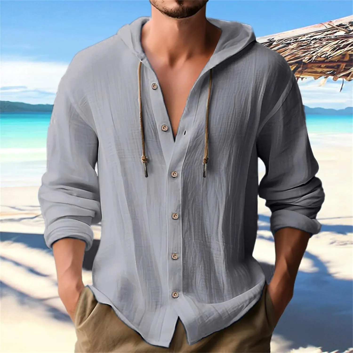 Button Down Hoodies for Men Long Sleeve Solid Color Cotton Linen Hooded Sweatshirts Trendy Casual Cardigans