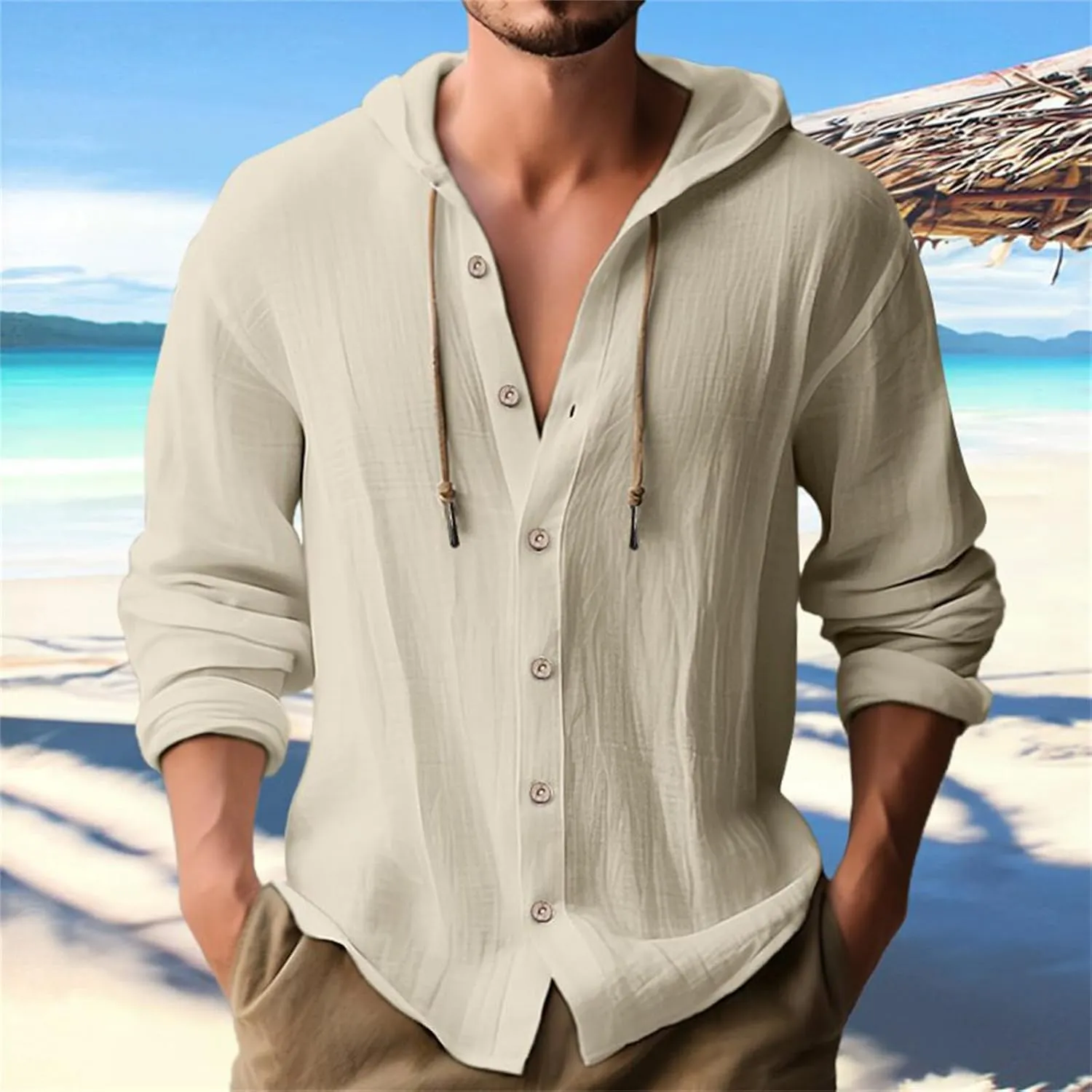Button Down Hoodies for Men Long Sleeve Solid Color Cotton Linen Hooded Sweatshirts Trendy Casual Cardigans