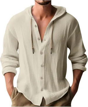 Button Down Hoodies for Men Long Sleeve Solid Color Cotton Linen Hooded Sweatshirts Trendy Casual Cardigans