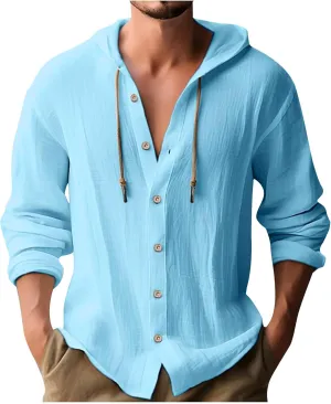 Button Down Hoodies for Men Long Sleeve Solid Color Cotton Linen Hooded Sweatshirts Trendy Casual Cardigans