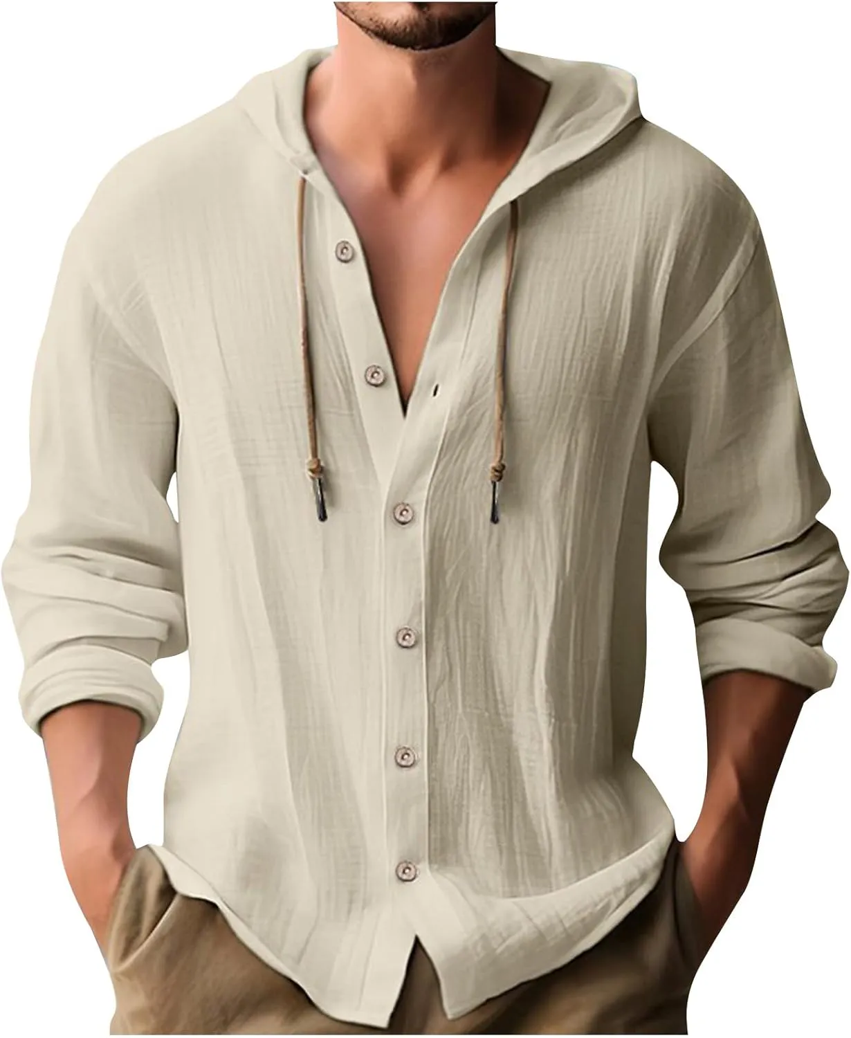 Button Down Hoodies for Men Long Sleeve Solid Color Cotton Linen Hooded Sweatshirts Trendy Casual Cardigans