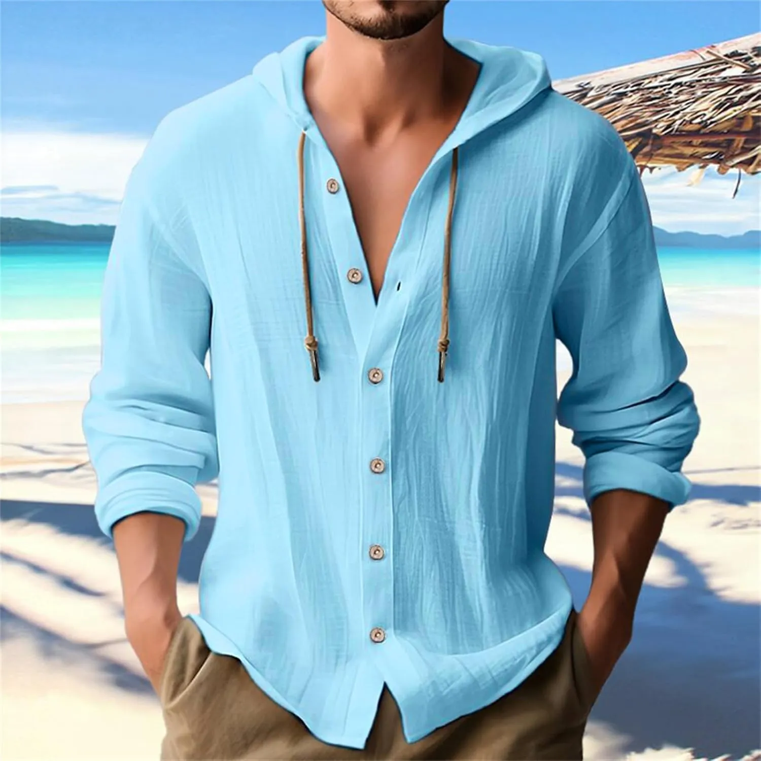 Button Down Hoodies for Men Long Sleeve Solid Color Cotton Linen Hooded Sweatshirts Trendy Casual Cardigans