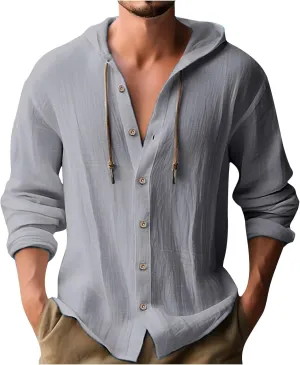 Button Down Hoodies for Men Long Sleeve Solid Color Cotton Linen Hooded Sweatshirts Trendy Casual Cardigans