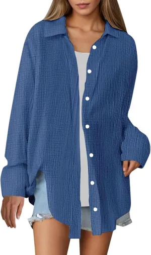 Button Down Sun Shirts for Women Long Sleeve Cardigan Blouse Oversized Boyfriend Beach Collared Cover Up with Pockets