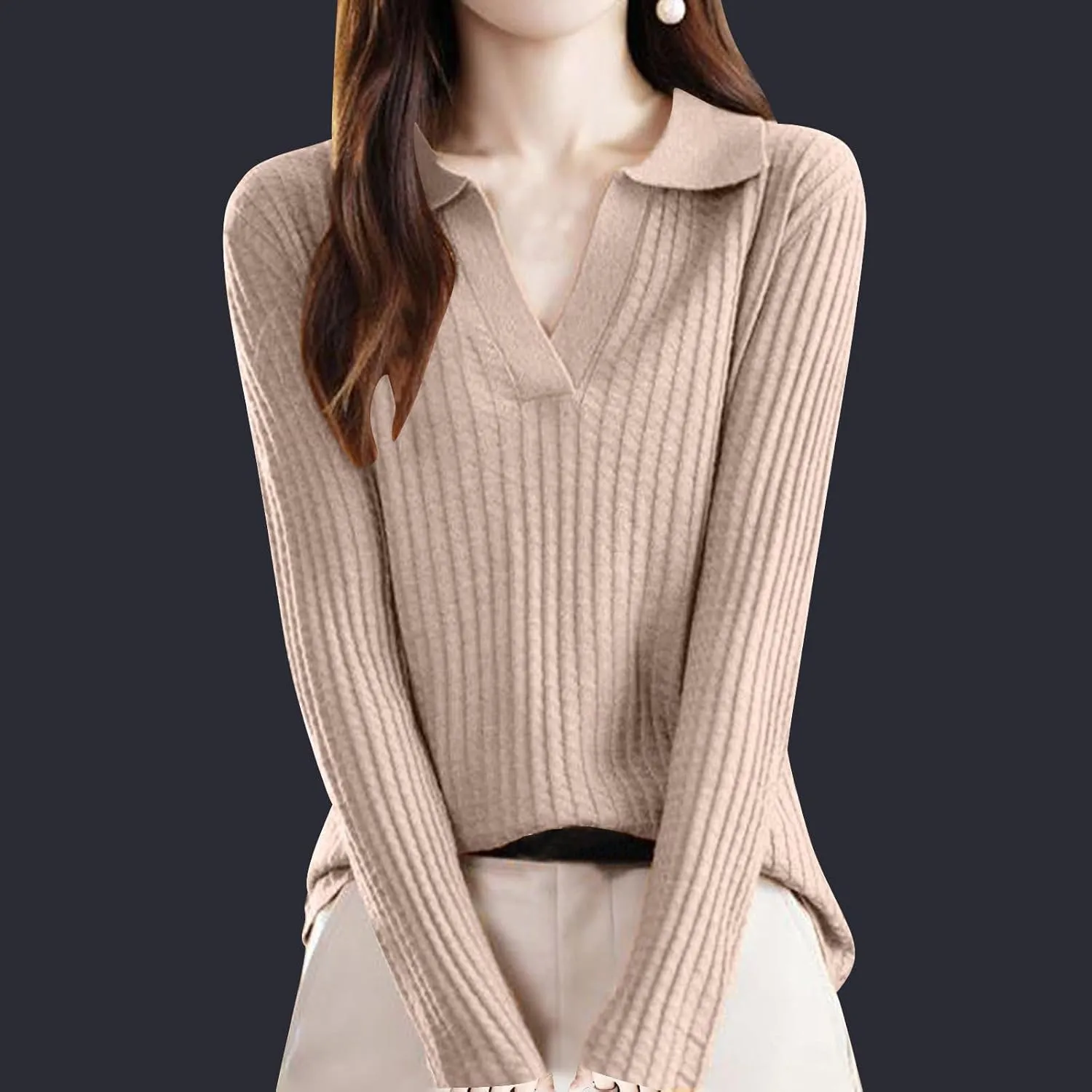 Cable Knit Sweater for Women Turn Down Collar Sweater Long Sleeve V Neck Blouse Soft Casual Top Warm Basic Tops