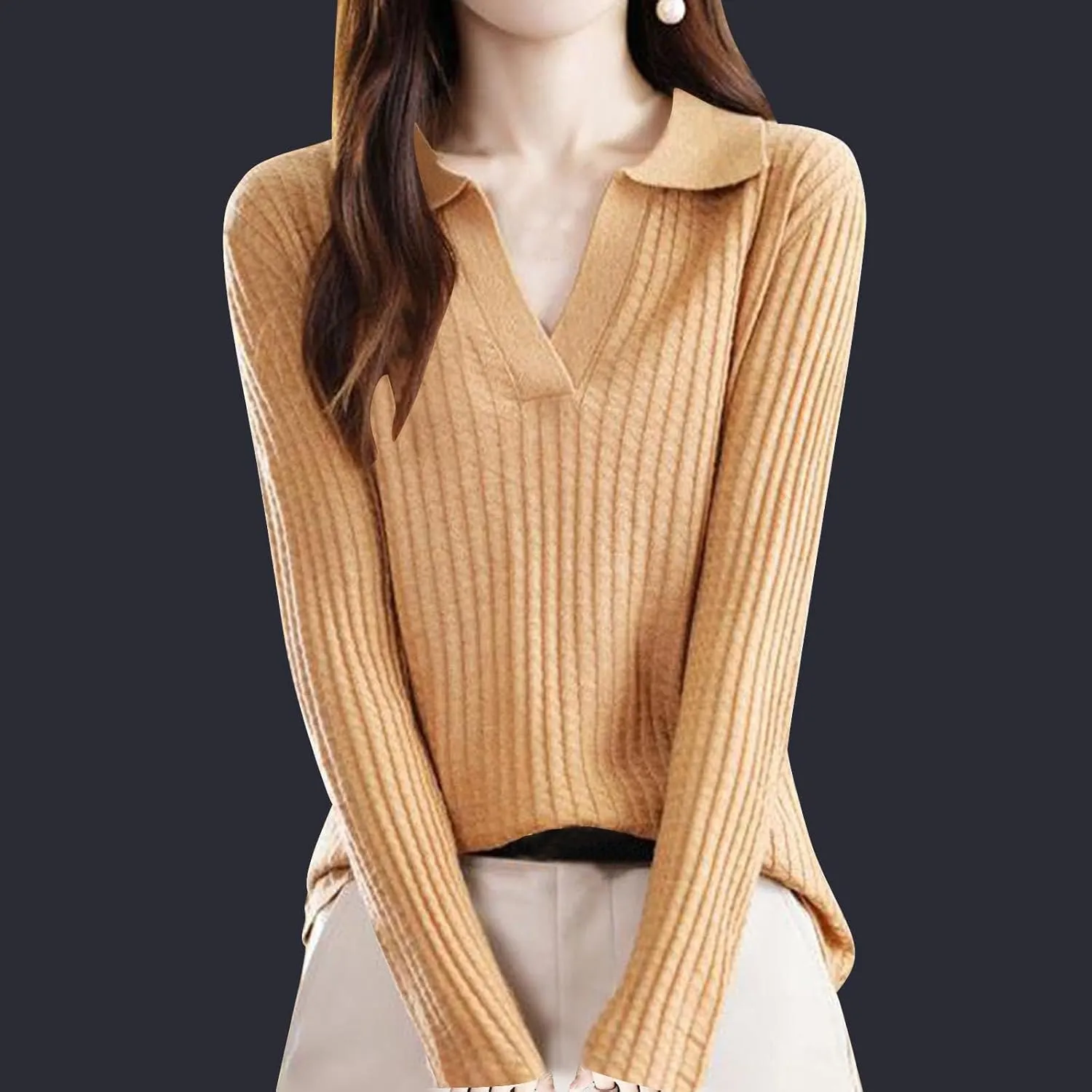 Cable Knit Sweater for Women Turn Down Collar Sweater Long Sleeve V Neck Blouse Soft Casual Top Warm Basic Tops