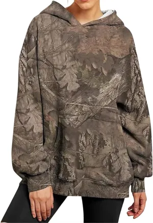 Camo Hoodie Womens Trendy Oversized Hooded Sweatshirt Maple Leaf Print Color Block Pullover Sweatshirts