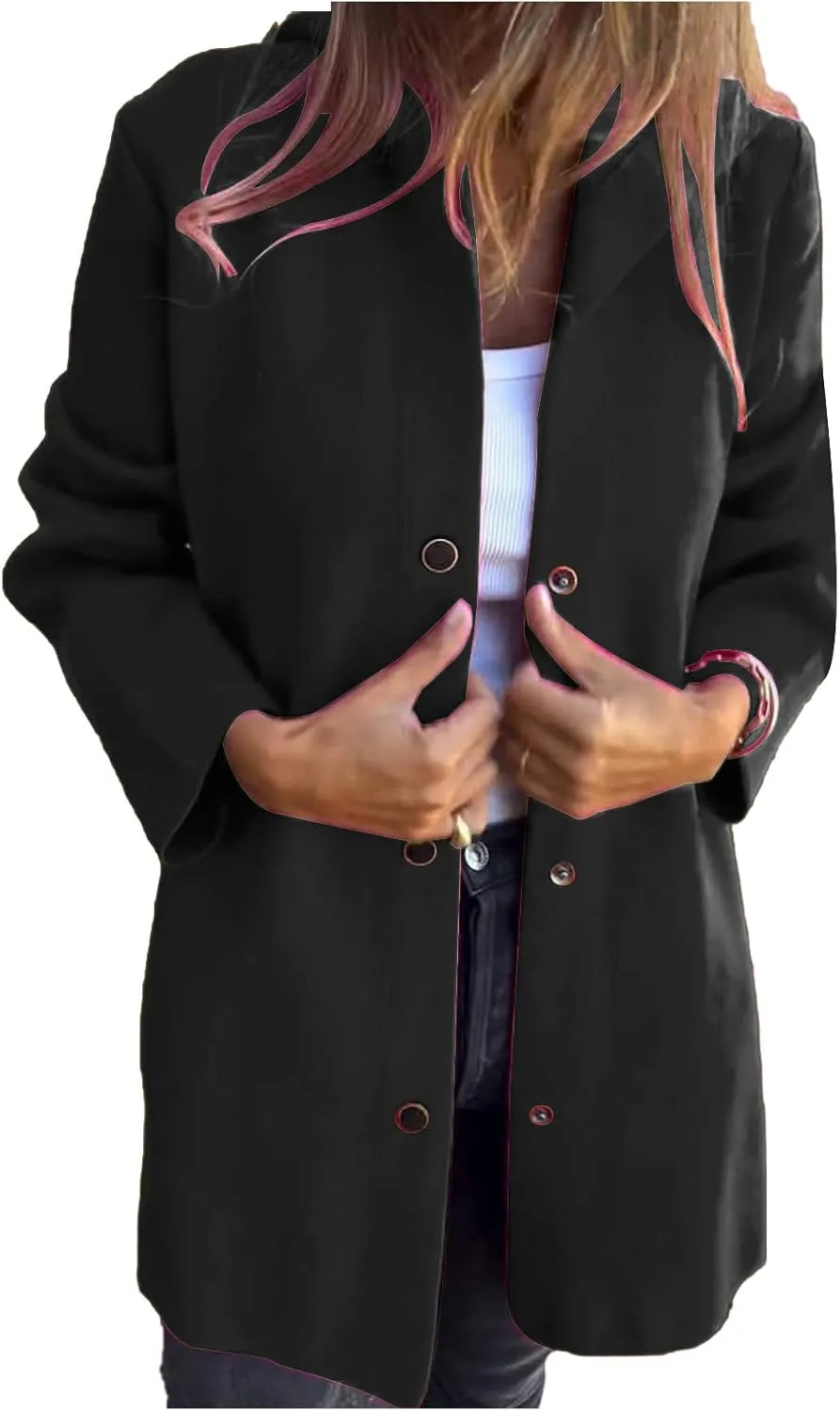 Canbebig Long Coats Women Button Down Casual Jackets Oversized Long Sleeve Trench Coats Solid Color Jackets with Pockets