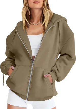 Canbebig Womens Oversized Zip Up Hoodies Y2K Hooded Sweatshirts Casual Drawstring Fall Track Jackets with Pockets Teen Girls