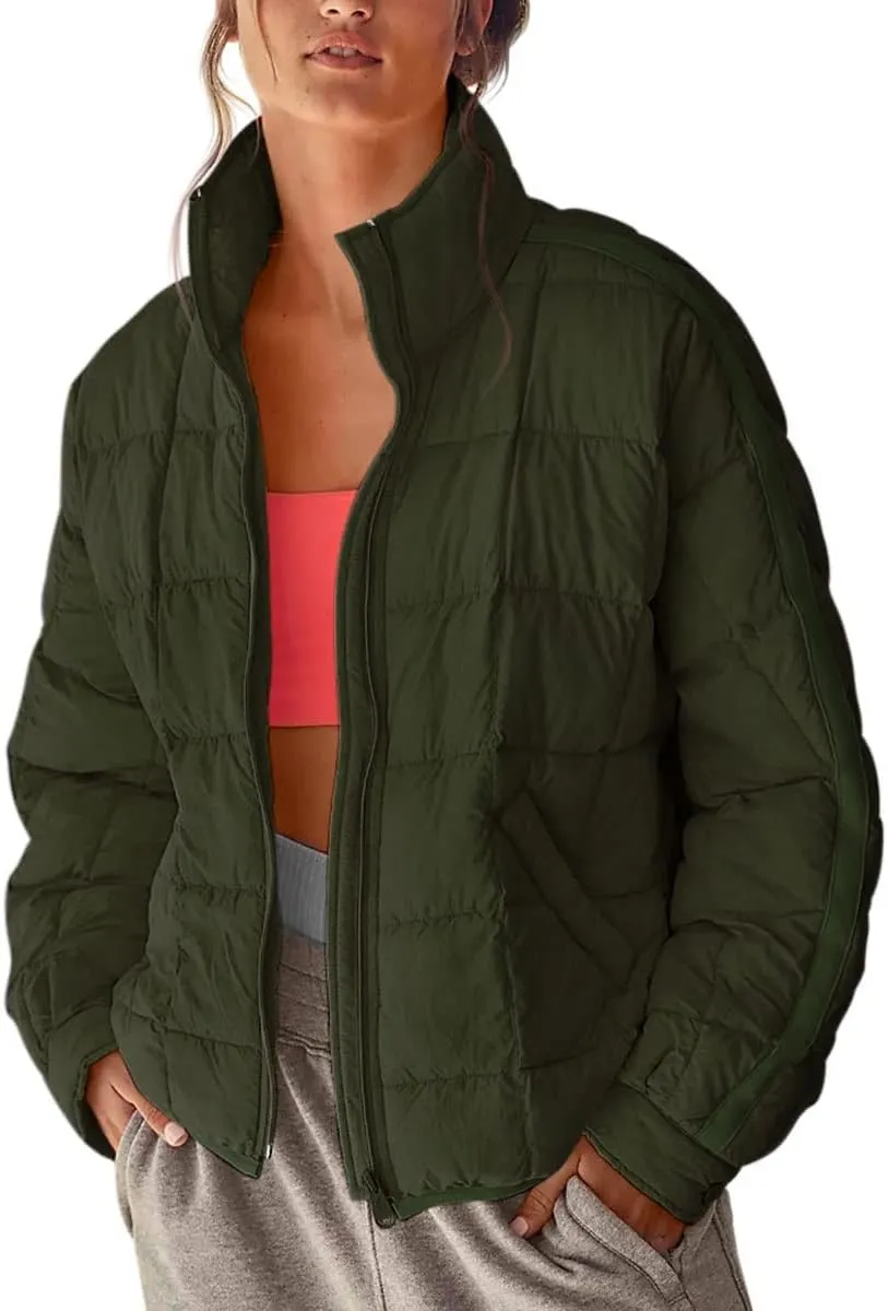 Canbebig Womens Quilted Puffer Jackets Oversized Lightweight Zipper Down Coats Long Sleeve Packable Jackets with Pockets
