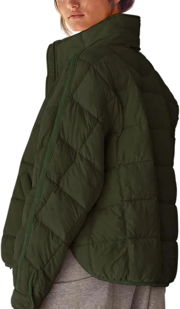Canbebig Womens Quilted Puffer Jackets Oversized Lightweight Zipper Down Coats Long Sleeve Packable Jackets with Pockets