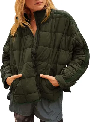 Canbebig Womens Quilted Puffer Jackets Oversized Lightweight Zipper Down Coats Long Sleeve Packable Jackets with Pockets