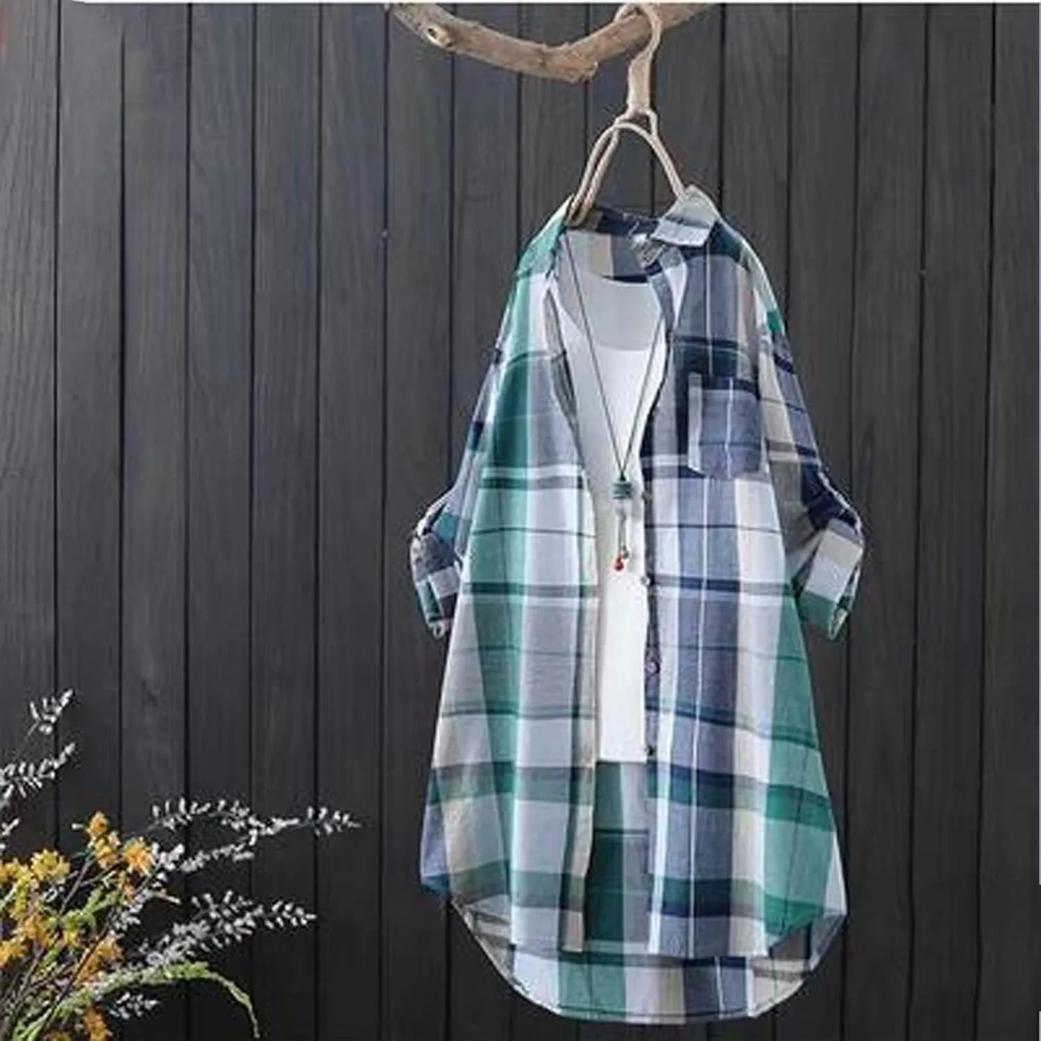 Cardigan for Women 2024 Plaid Print Tunic Tops Fall Fashion Plus Size Open Front Roll Up Sleeve Button Down Shirts