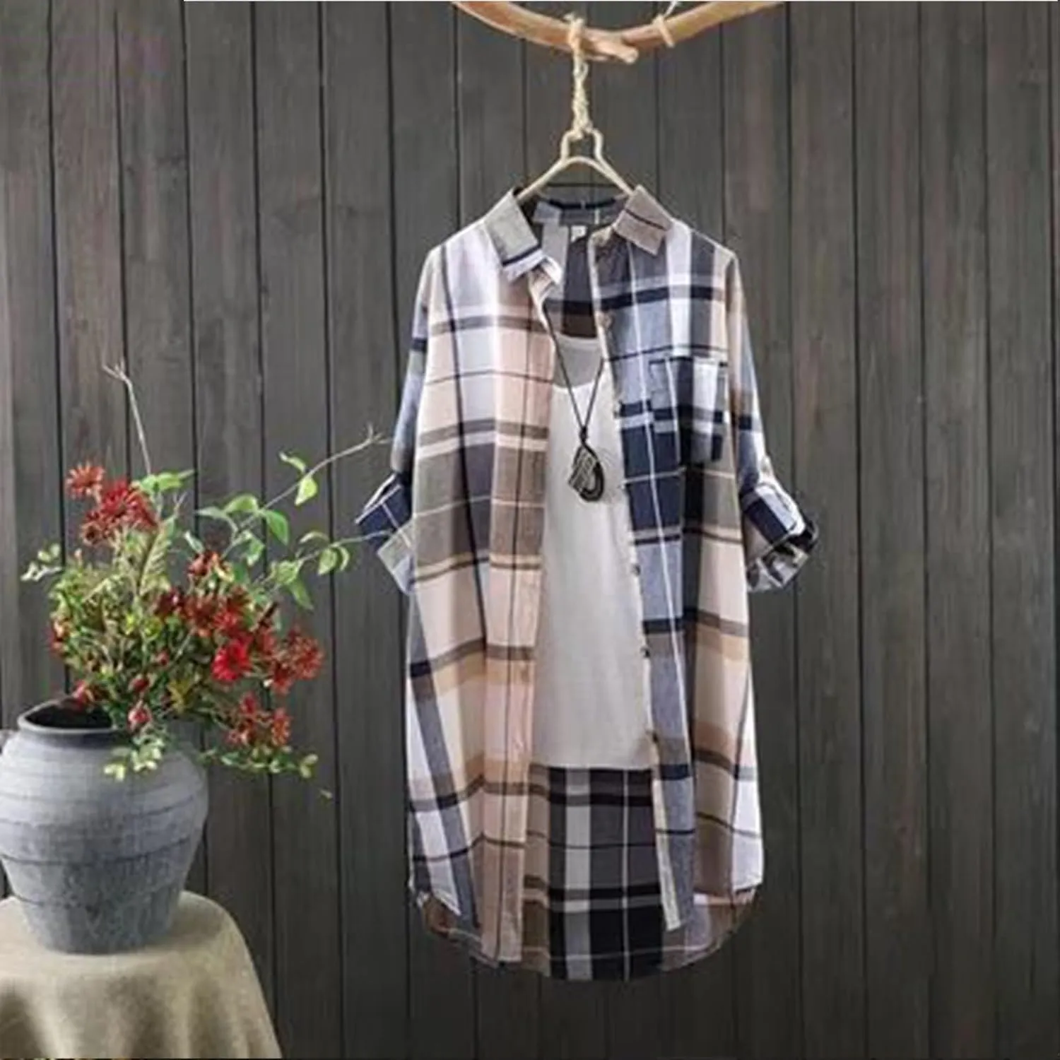 Cardigan for Women 2024 Plaid Print Tunic Tops Fall Fashion Plus Size Open Front Roll Up Sleeve Button Down Shirts