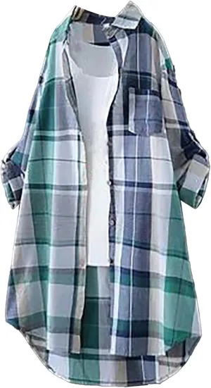 Cardigan for Women 2024 Plaid Print Tunic Tops Fall Fashion Plus Size Open Front Roll Up Sleeve Button Down Shirts